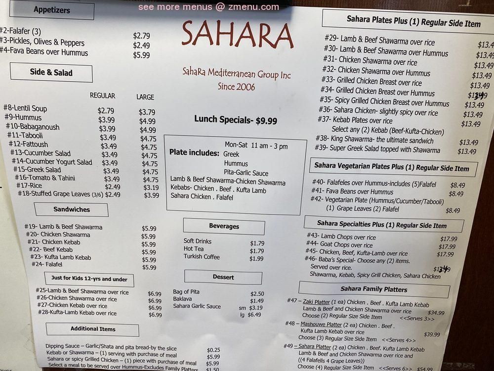 Explore the Sahara Mediterranean Cuisine Menu in Lexington, KY