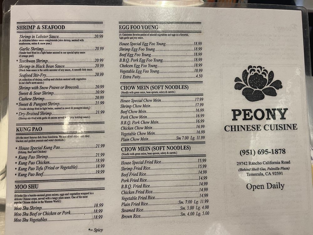 Explore Peony Chinese Cuisine Menu: Discover the Dishes, Find What You Like and Order Now!