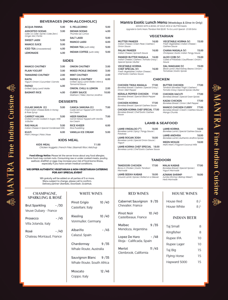 Mantra Indian Cuisine Menu: See Our Full List of Delicious Dishes & Prices!