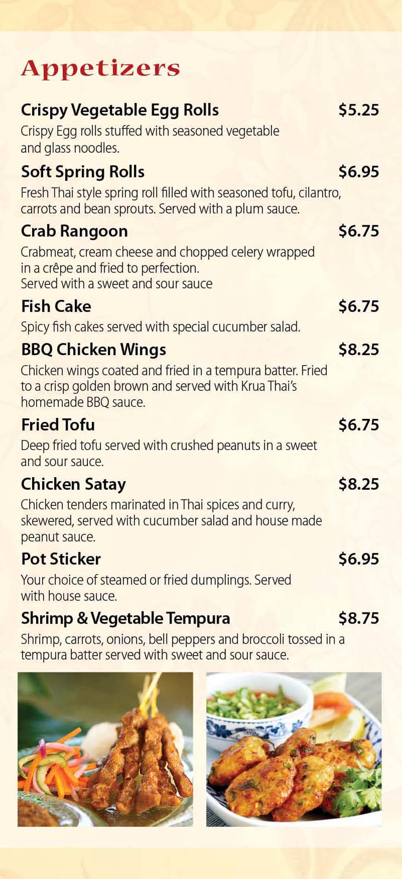 Whats on the Krua Thai Cuisine menu? Explore our popular Thai curries, noodles, and appetizers today.